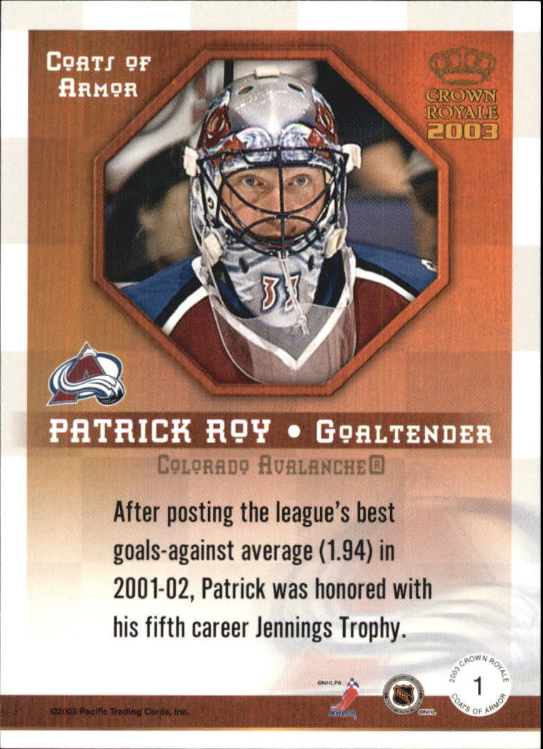 2002-03 Crown Royale Coats of Armor #1 Patrick Roy back image