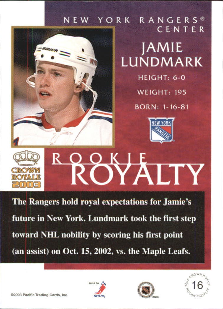 2002-03 Crown Royale Rookie Royalty #16 Jamie Lundmark back image