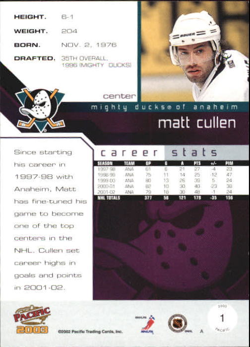 2002-03 Pacific #1 Matt Cullen back image