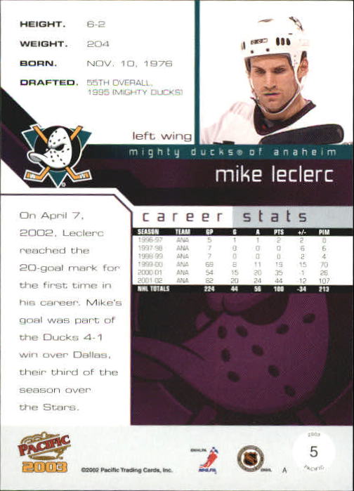 2002-03 Pacific #5 Mike Leclerc back image