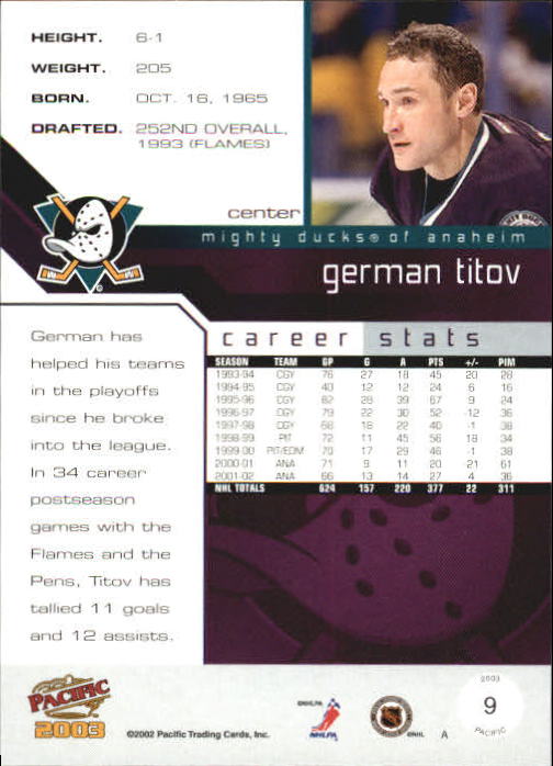 2002-03 Pacific #9 German Titov back image