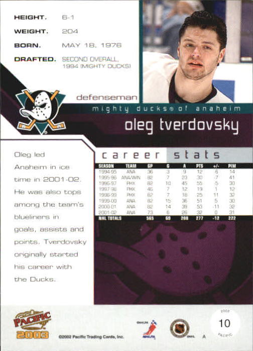2002-03 Pacific #10 Oleg Tverdovsky back image