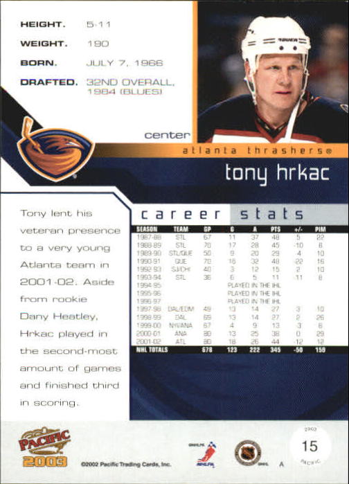 2002-03 Pacific #15 Tony Hrkac back image