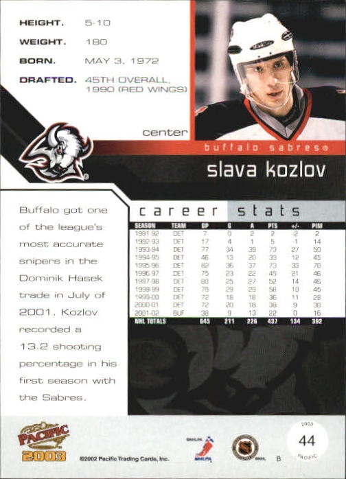 2002-03 Pacific #44 Slava Kozlov back image
