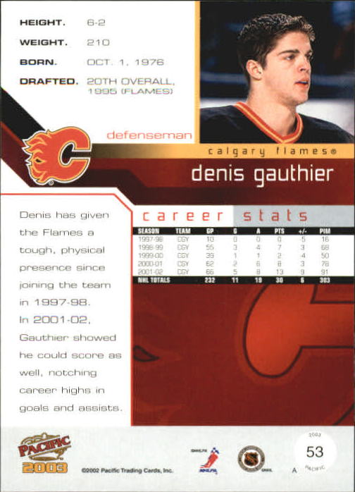 2002-03 Pacific #53 Denis Gauthier back image