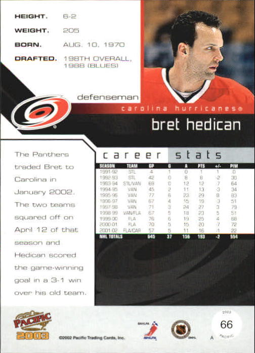 2002-03 Pacific #66 Bret Hedican back image
