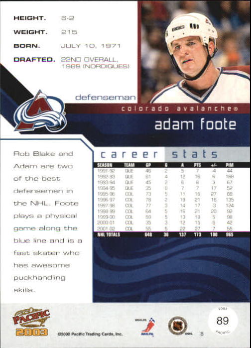 2002-03 Pacific #89 Adam Foote back image