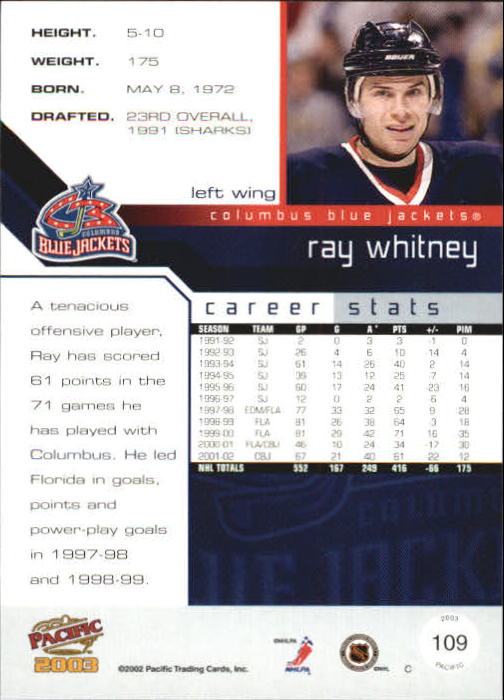 2002-03 Pacific #109 Ray Whitney back image