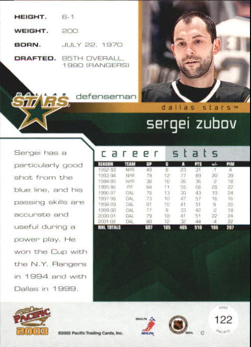 2002-03 Pacific #122 Sergei Zubov back image