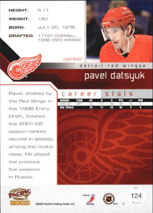 2002-03 Pacific #124 Pavel Datsyuk back image