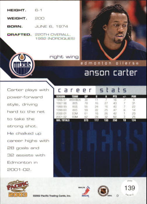 2002-03 Pacific #139 Anson Carter back image