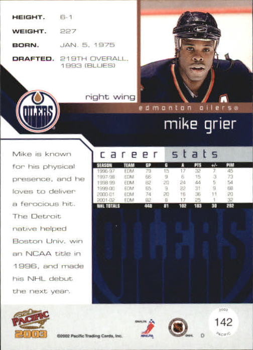 2002-03 Pacific #142 Mike Grier back image