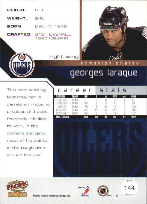 2002-03 Pacific #144 Georges Laraque back image