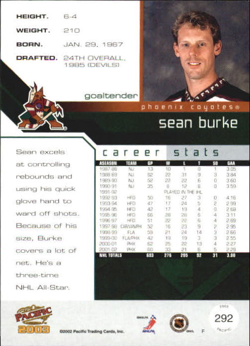 2002-03 Pacific #292 Sean Burke back image