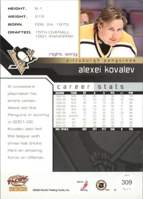 2002-03 Pacific #309 Alexei Kovalev back image