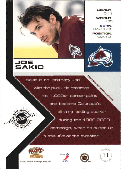 2002-03 Pacific Jerseys #11 Joe Sakic back image