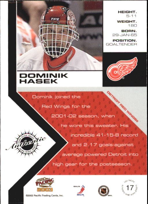 2002-03 Pacific Jerseys #17 Dominik Hasek back image