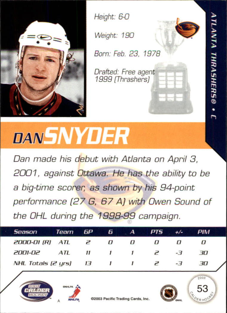 2002-03 Pacific Calder #53 Dan Snyder back image
