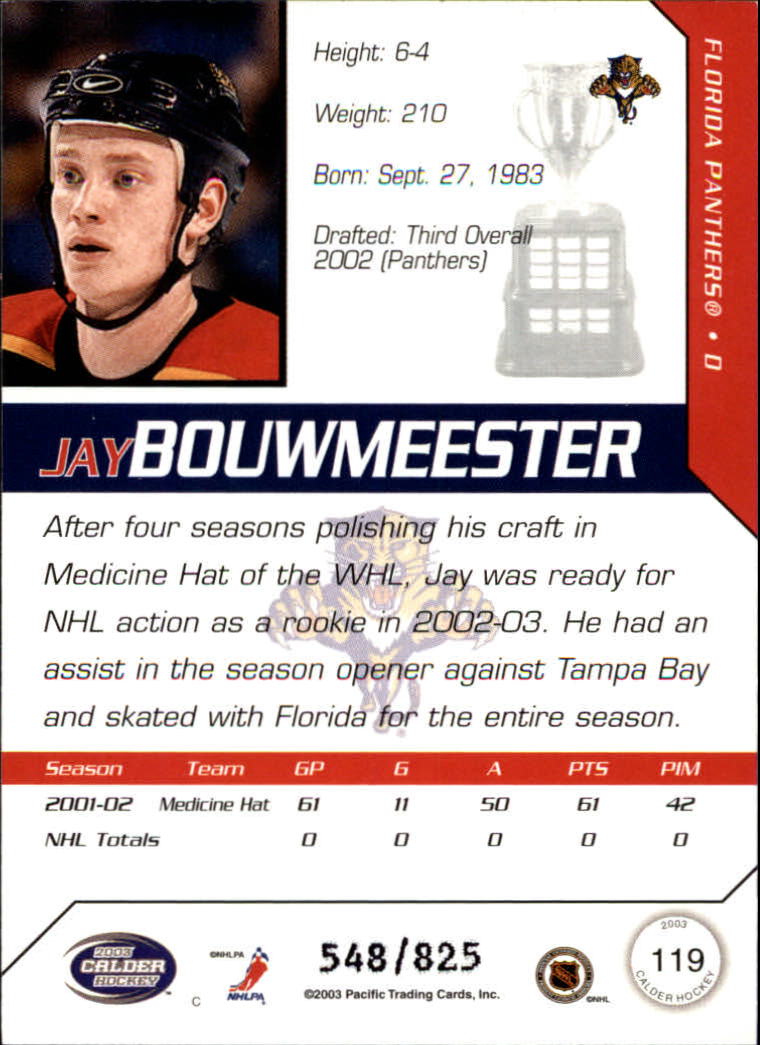 2002-03 Pacific Calder #119 Jay Bouwmeester RC back image