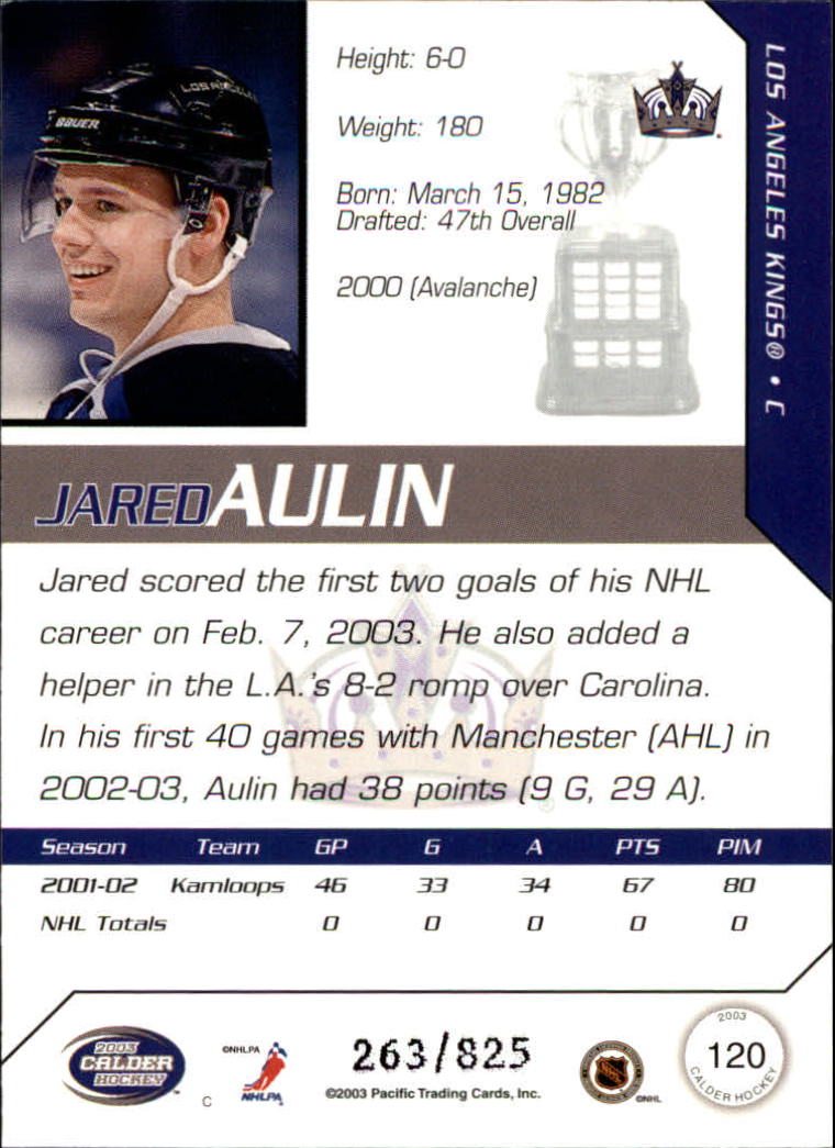 2002-03 Pacific Calder #120 Jared Aulin RC back image