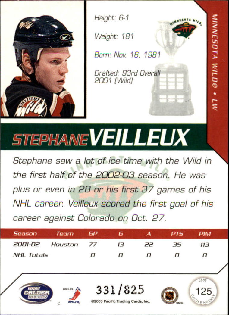 2002-03 Pacific Calder #125 Stephane Veilleux RC back image