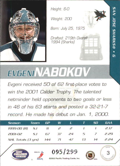 2002-03 Pacific Calder Silver #3 Evgeni Nabokov back image