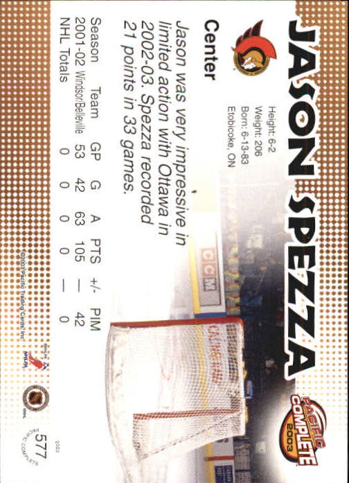 2002-03 Pacific Complete #577 Jason Spezza back image