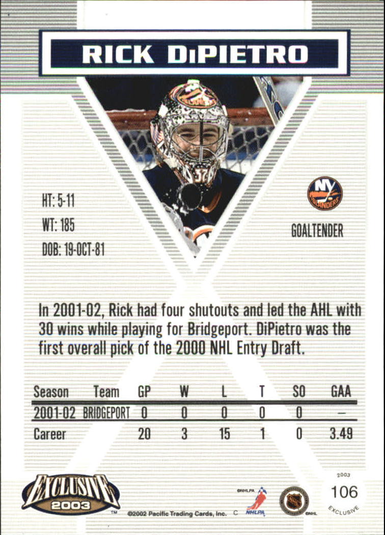 2002-03 Pacific Exclusive Gold #106 Rick DiPietro back image