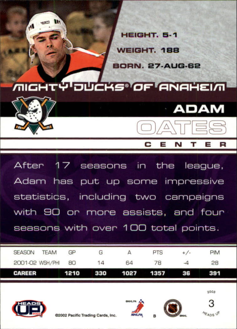 2002-03 Pacific Heads Up #3 Adam Oates back image