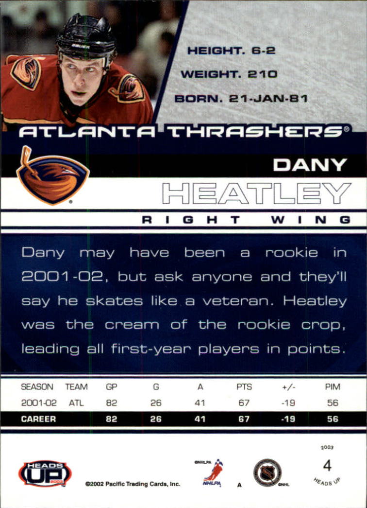 2002-03 Pacific Heads Up #4 Dany Heatley back image