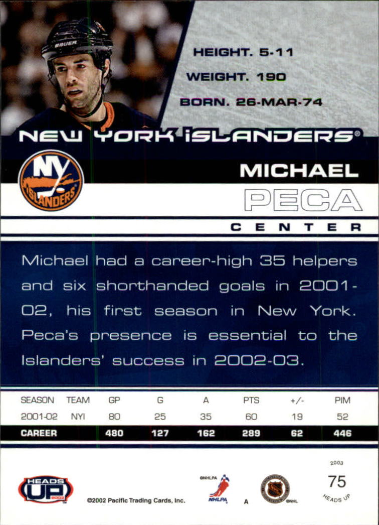 2002-03 Pacific Heads Up #75 Michael Peca back image