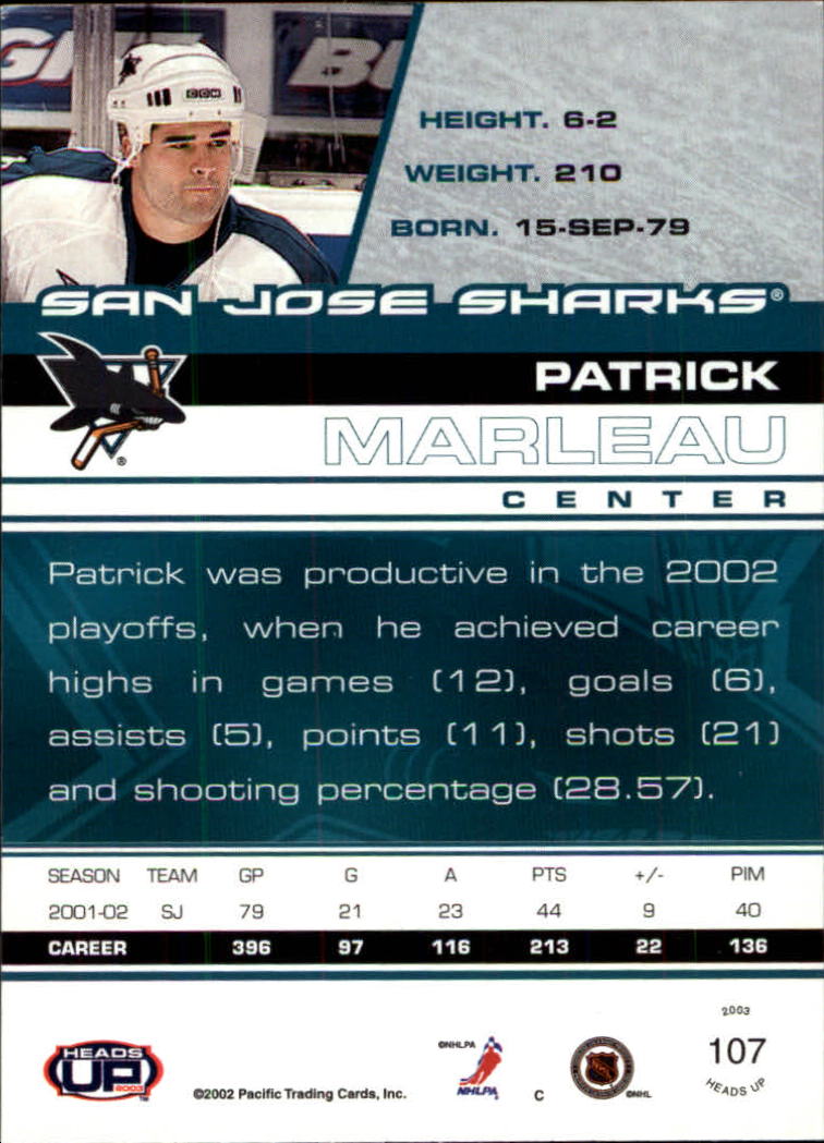 2002-03 Pacific Heads Up #107 Patrick Marleau back image