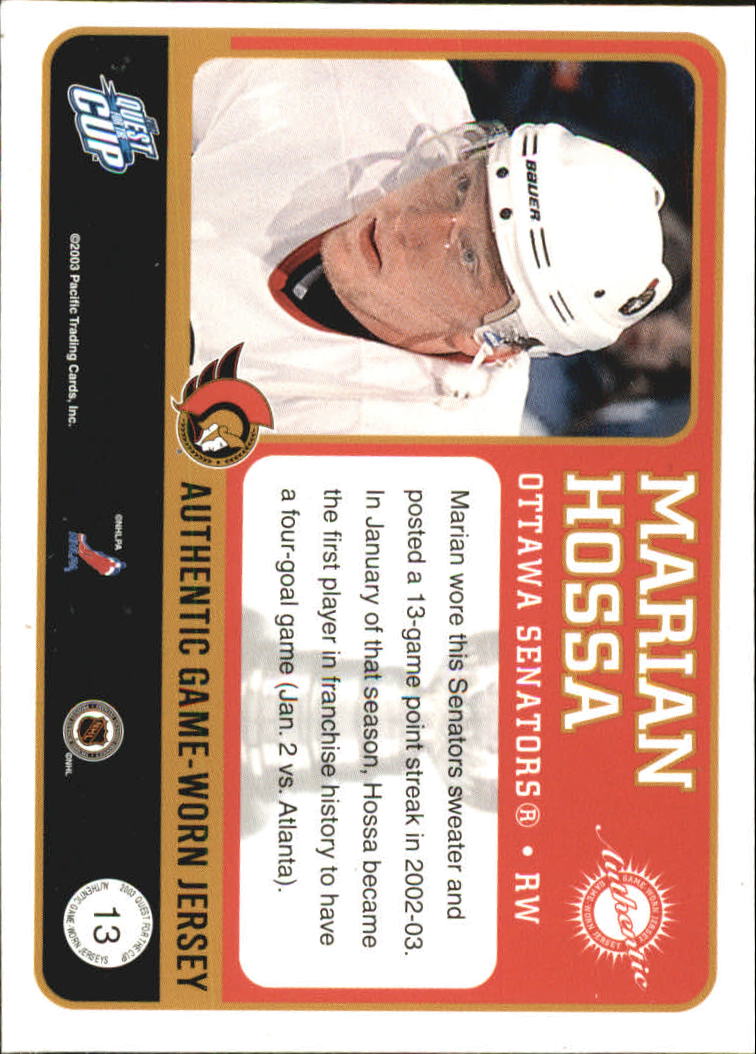 2002-03 Pacific Quest For the Cup Jerseys #13 Marian Hossa back image