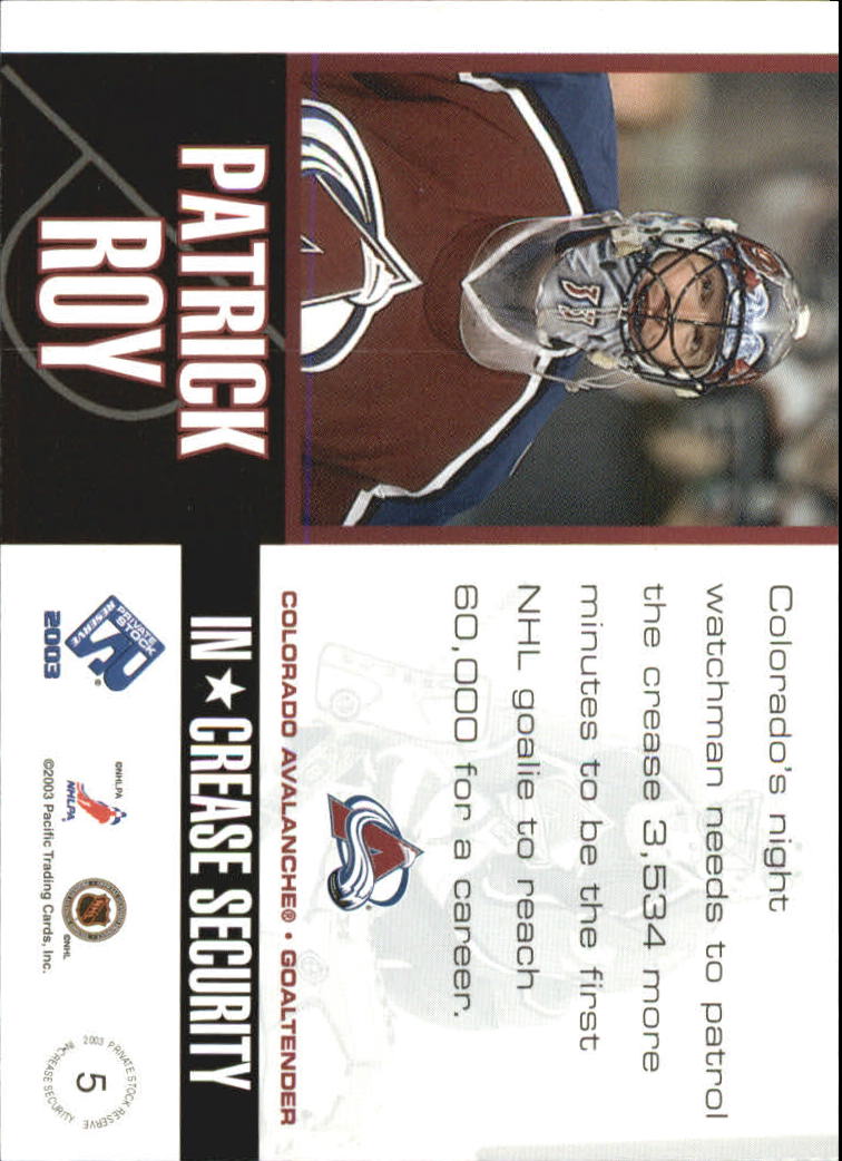 2002-03 Private Stock Reserve InCrease Security #5 Patrick Roy back image