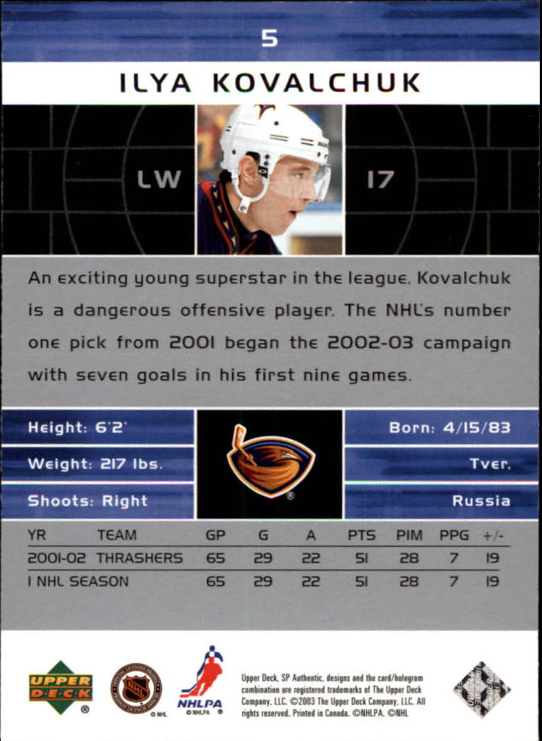 2002-03 SP Authentic #5 Ilya Kovalchuk back image