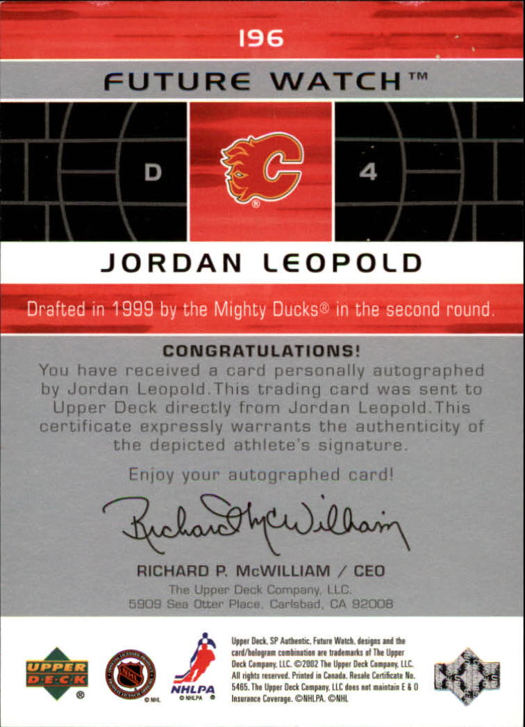 2002-03 SP Authentic #196 Jordan Leopold AU RC back image