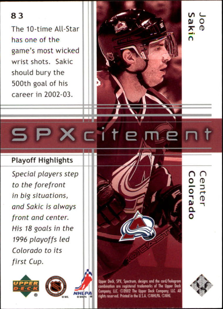 2002-03 SPx #83 Joe Sakic back image