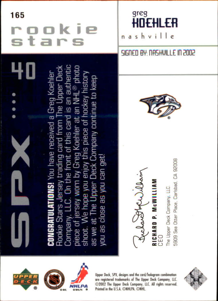 2002-03 SPx #165 Greg Koehler JSY RC back image