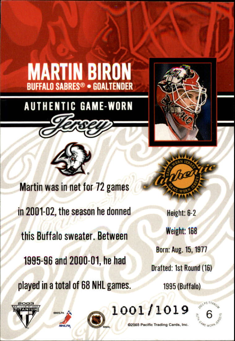 2002-03 Titanium Jerseys #6 Martin Biron/1019 back image