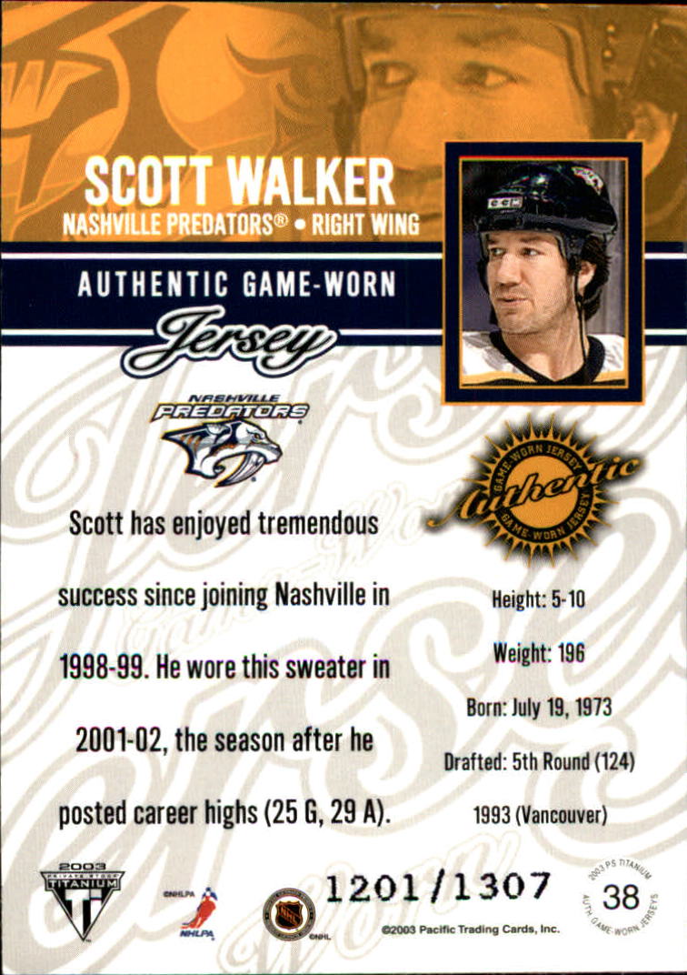 2002-03 Titanium Jerseys #38 Scott Walker/1307 back image
