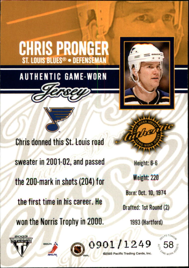 2002-03 Titanium Jerseys #58 Chris Pronger/1249 back image