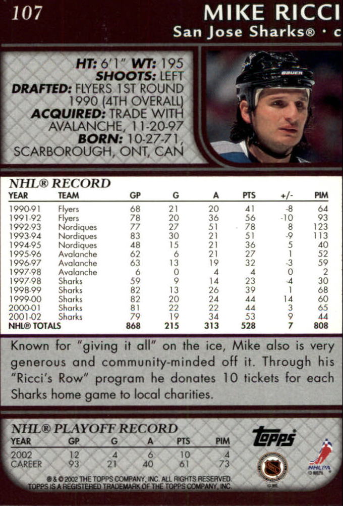 2002-03 Topps #107 Mike Ricci back image