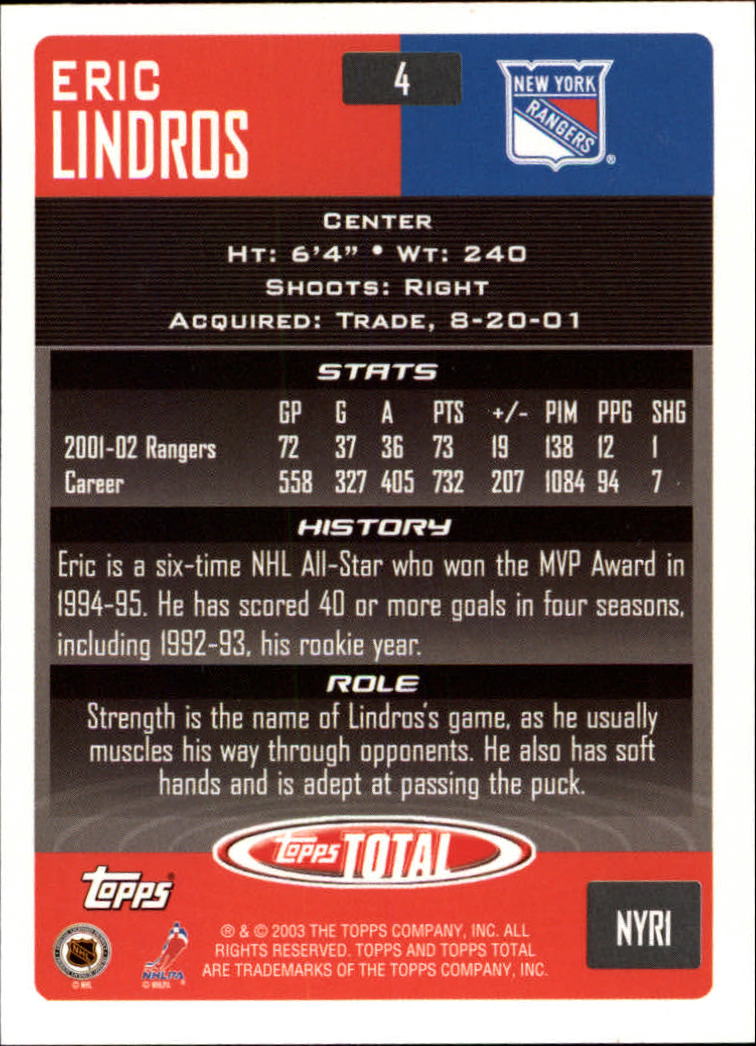 2002-03 Topps Total #4 Eric Lindros back image