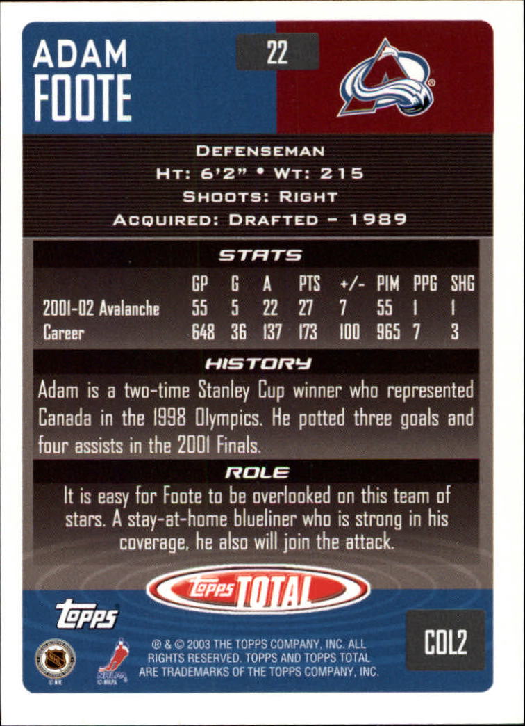 2002-03 Topps Total #22 Adam Foote back image