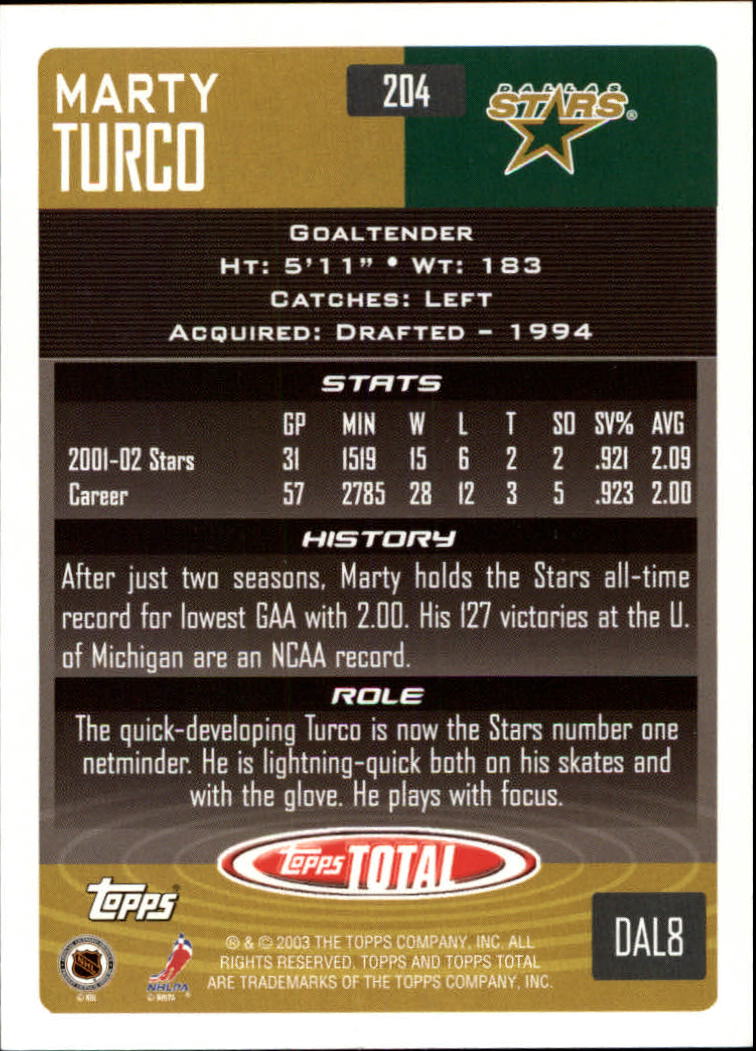 2002-03 Topps Total #204 Marty Turco back image