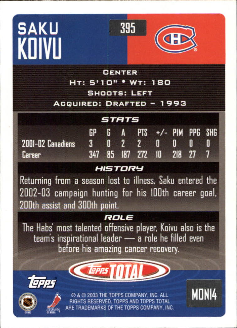 A4574- 2002-03 Topps Total Hk #s 251-440 +Inserts -You Pick- 15+ FREE US SHIP - Picture 285 of 427