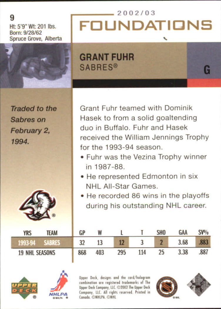 2002-03 Upper Deck Foundations #9 Grant Fuhr back image