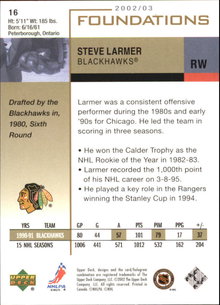 2002-03 Upper Deck Foundations #16 Steve Larmer back image