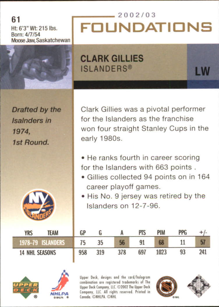 2002-03 Upper Deck Foundations #61 Clark Gillies back image