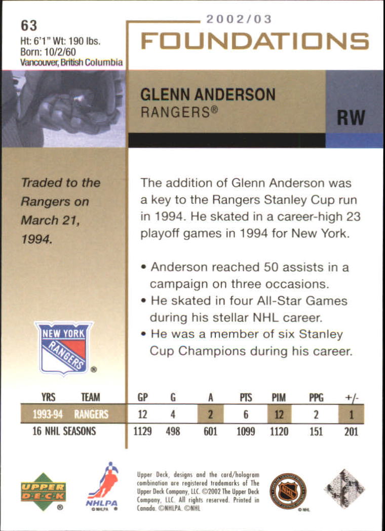 2002-03 Upper Deck Foundations #63 Glenn Anderson back image